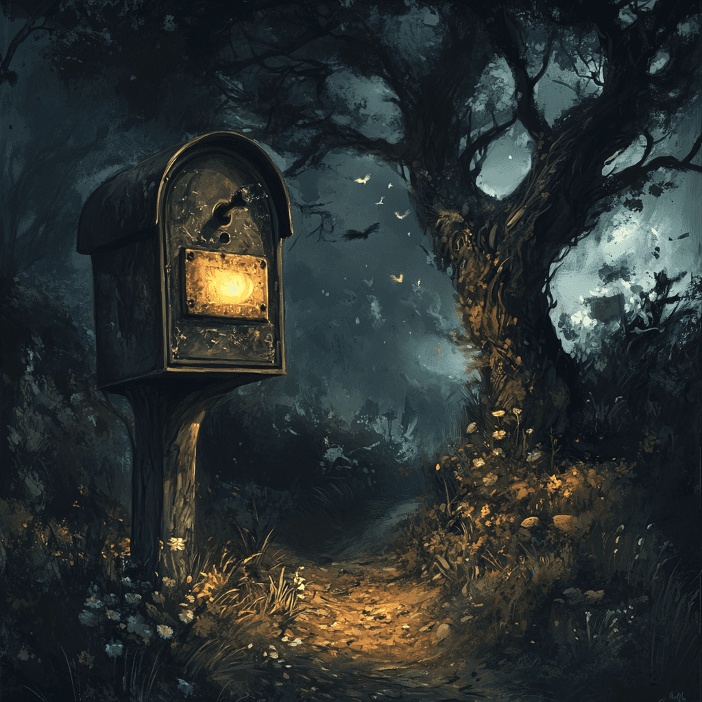 a magical mailbox next to a deserted forest path