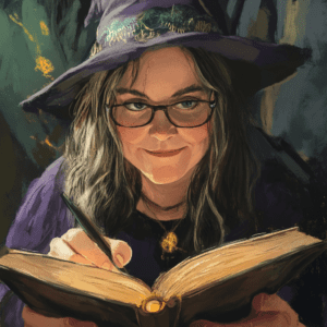 A fantasy character illustration of a witch writing in a magic book
